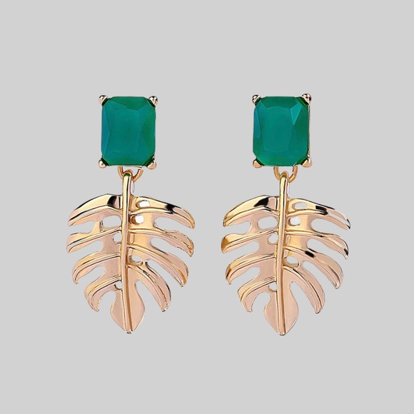 Anthropologie Gold Plated Tropical Monstera Leaves Emerald Green Drop Ea… - Picture 7 of 7